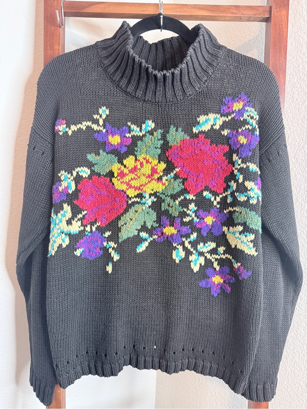 Vintage One Step Up Ramie Cotton Floral Turtleneck Sweater Medium Black